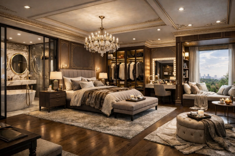 A luxurious master bedroom featuring an upholstered tufted bed with faux-fur styling, a grand crystal chandelier overhead, an adjoining open-concept closet and glass-walled bathroom, a window seating nook, and rich wood tones throughout, offering high-end inspiration for renter-friendly home decor ideas.