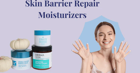 A promotional banner titled "Skin Barrier Repair Moisturizers" featuring a smiling woman with her hands raised alongside several skincare product jars and white decorative pumpkins, offering practical visual inspiration for a simple skincare routine for beginners.