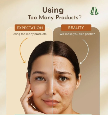 A split-face educational graphic titled "Using Too Many Products?" contrasting a woman's smooth, glowing complexion under "Expectation" with a blemished, textured appearance under "Reality," illustrating the benefits of sticking to a simple skincare routine for beginners.