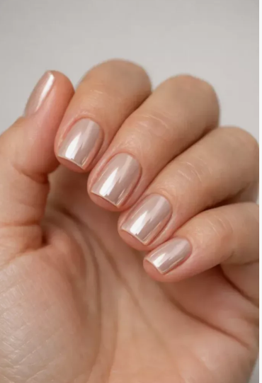 Short, squared-off nails finished with a glossy chrome metallic neutral sheen, presenting a sleek option for nail designs for short nail beds.