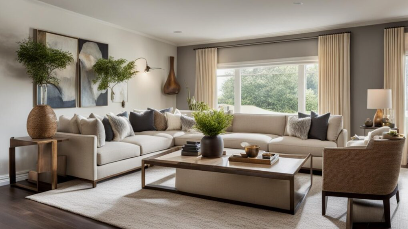 A tastefully styled eclectic living room featuring a mix of neutral sectional seating, wooden accent furniture, varied throw pillows, and unique wall art, providing great inspiration for how to decorate when everything doesn't match.