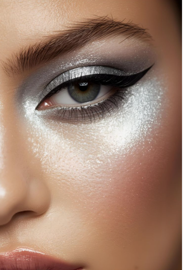 A macro beauty shot highlighting Spring 2026 makeup trends, featuring a feathery brow, dramatic metallic silver eyeshadow, sharp winged eyeliner, and high-shine highlighter.