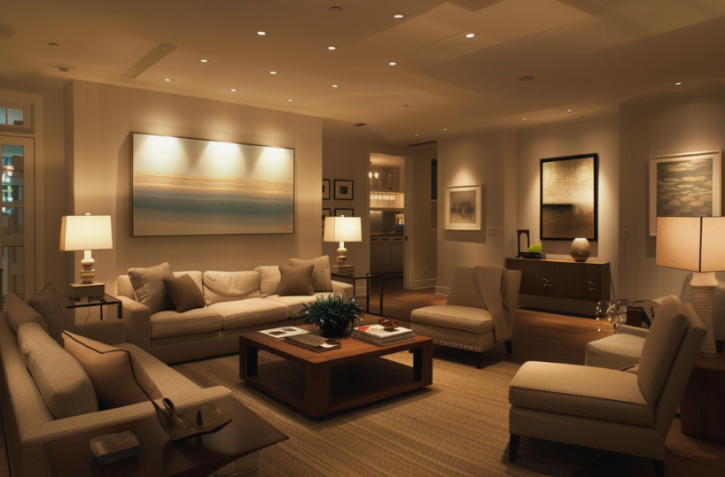 A softly lit, expansive living room featuring mixed neutral sofas and armchairs, a central wooden coffee table, and warm accent lighting, showcasing a cohesive way to decorate when everything doesn't match.