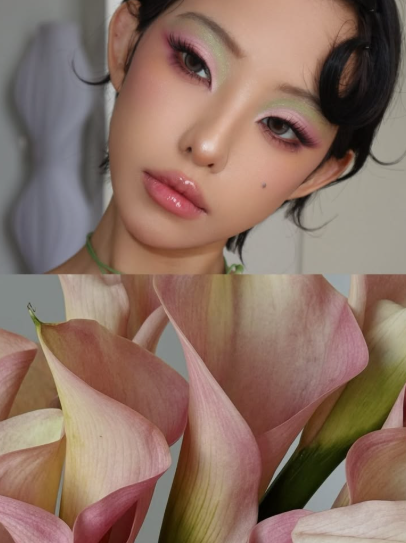A dual-panel beauty photo highlighting Spring 2026 makeup trends, featuring a model with soft pink and green eyeshadow paired next to a close-up of pink calla lilies.