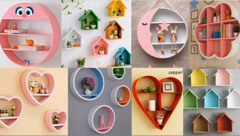 A collage of various decorative wall shelves, including pink circular shelves, colorful house-shaped cubbies, and heart-shaped display units, highlighting cheap DIY crafts on a budget.