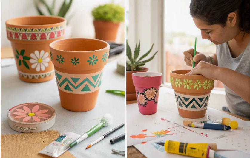 A split-screen image showing beautifully hand-painted terracotta flower pots with floral and geometric designs, alongside a person painting a pot with brushes and acrylic colors, showcasing cheap DIY crafts on a budget.