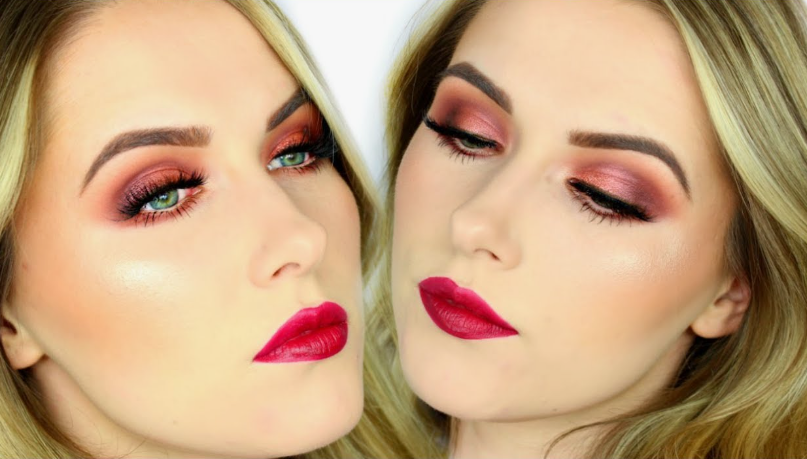 A dual-panel beauty photo showcasing Spring 2026 makeup trends, featuring a blonde model with warm smoky burgundy eyeshadow, defined arches, and vibrant berry-red lips.