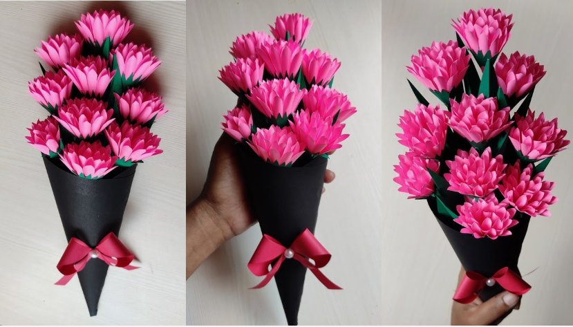 Three views of a handmade paper flower bouquet featuring pink blooms wrapped in black paper with a pink bow, showcasing cheap DIY crafts on a budget.