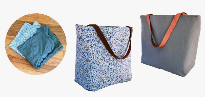An image showing folded shirts on the left, alongside two handmade fabric tote bags—one with a blue floral pattern and one in solid grey with brown straps, showcasing cheap DIY crafts on a budget.