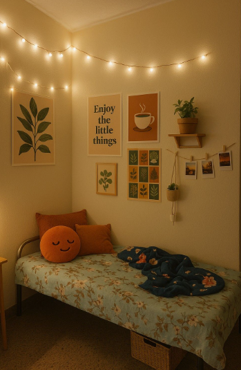 10 DIY Dorm Room Decor Ideas on a Budget That Look Amazing Cozy DIY dorm room decor ideas on a budget featuring a warm fairy light string, a gallery wall of framed botanical and typography prints, and a bed with orange accent pillows.