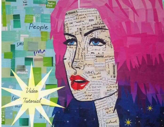 A mixed-media portrait collage of a woman's face made from newspaper clippings with pink hair against a teal and blue background, showcasing cheap DIY crafts on a budget.