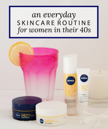A collection of Nivea Q10 anti-wrinkle skincare products arranged with a pink glass and a candle, beneath a text overlay reading "An Everyday Skincare Routine For Women In Their 40s," showcasing beauty tips for women over 40.