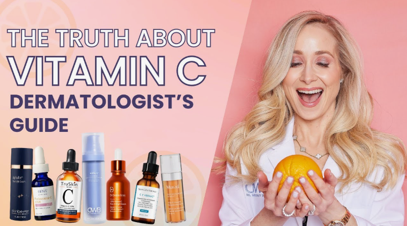 A smiling woman holding an orange next to an assortment of Vitamin C skincare serums, beneath a text overlay reading "The Truth About Vitamin C Dermatologist's Guide," showcasing beauty tips for women over 40.