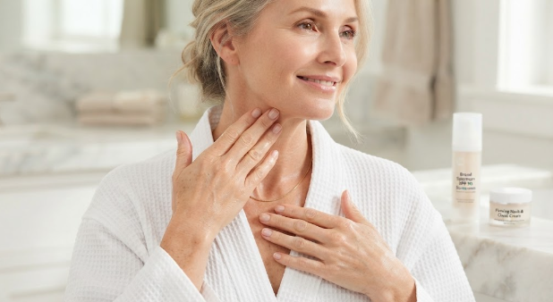 An elegant woman in her 40s, wearing a plush white waffle-knit robe, applies firming cream to her neck and chest area, smiling towards the camera. On the marble counter beside her are two bottles of skincare products, including a sunscreen and a neck cream. This image illustrates essential beauty tips for women over 40 regarding neck and chest care.