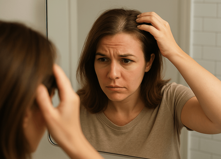 A concerned woman looking at her hair parting in a bathroom mirror, showcasing beauty tips for women over 40.