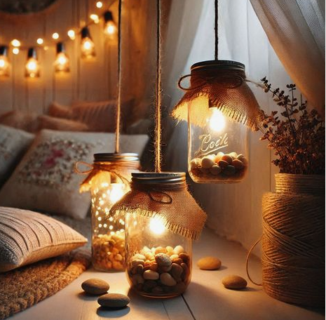 10 DIY Dorm Room Decor Ideas on a Budget That Look Amazing DIY dorm room decor ideas on a budget featuring hanging mason jar pendant lights wrapped in burlap and twine filled with small stones and glowing bulbs, set against a cozy backdrop of fairy lights and a bed with plush pillows.