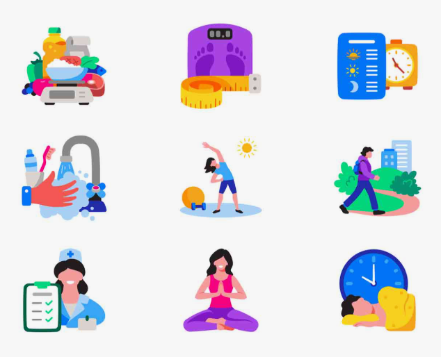 An infographic titled "Skincare Habits Over 40" featuring simple health and wellness icons paired with keywords like track, food, weight, hygiene, steps, check-up, meditate, and sleep, showcasing beauty tips for women over 40.
