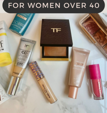 A flat-lay arrangement of beauty and makeup products on a marble surface with a text overlay reading "For Women Over 40," showcasing beauty tips for women over 40.
