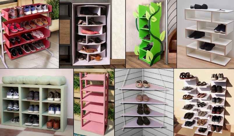 10 DIY Dorm Room Decor Ideas on a Budget That Look Amazing DIY dorm room decor ideas on a budget featuring various creative shoe storage solutions, including red hanging organizers, rotating circular shelves, leaf-shaped units, zigzag shelving, and geometric racks.