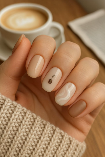Short neutral coffee-themed nails with a single coffee bean accent and subtle swirl art, making charming office-friendly nail designs.