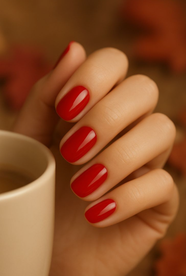 Short glossy cherry-red nails holding a coffee cup, offering a bold yet sophisticated pop of color for office-friendly nail designs.