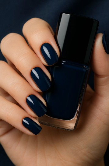 Short dark navy blue glossy nails holding a matching nail polish bottle, offering a sleek and professional option for office-friendly nail designs.