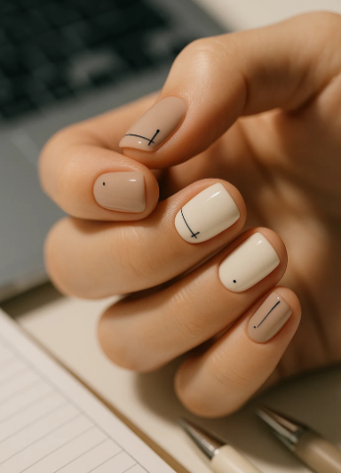 Short square neutral and beige nails featuring delicate minimalist black line art and single dots, creating sophisticated office-friendly nail designs.