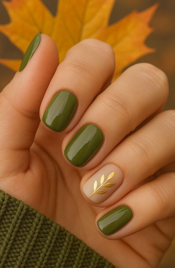 Short olive green glossy nails featuring a neutral accent nail with a metallic gold botanical leaf design, adding an earthy elegance to office-friendly nail designs.