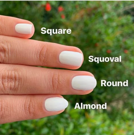 Short white nails displaying different nail shapes labeled Square, Squoval, Round, and Almond, providing a helpful visual guide for choosing office-friendly nail designs.
