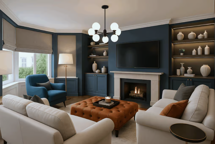How to Make a Boring Room Look Better: 15 Simple Fixes Sophisticated living room featuring dark navy walls, a cozy fireplace, light neutral sofas, and a rich cognac tufted leather ottoman, illustrating creative ideas on how to make a boring room look better.