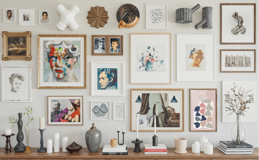 How to Make a Boring Room Look Better: 15 Simple Fixes Eclectic gallery wall featuring a curated mix of framed artwork, paintings, sketches, and decorative objects, demonstrating expert tips on how to make a boring room look better.