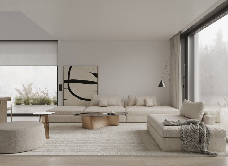 How to Make a Boring Room Look Better: 15 Simple Fixes Modern minimalist living room featuring a neutral sectional sofa, a sculptural coffee table, and abstract wall art, illustrating sleek design strategies on how to make a boring room look better.