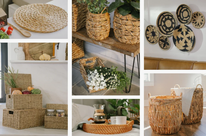 How to Make a Boring Room Look Better: 15 Simple Fixes Collage of woven natural fiber baskets, wall art, and storage solutions, showcasing creative ideas on how to make a boring room look better.