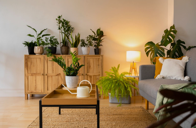 How to Make a Boring Room Look Better: 15 Simple Fixes Bright living room styled with lush green houseplants, a wooden storage cabinet, a coffee table with a watering can, and warm lighting, demonstrating creative tips on how to make a boring room look better.