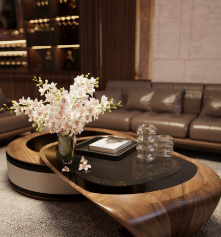How to Make a Boring Room Look Better: 15 Simple Fixes Luxurious living room featuring a unique tiered wooden coffee table styled with a vase of delicate white and pink flowers, glass candle holders, and a book, showcasing elegant styling strategies on how to make a boring room look better.