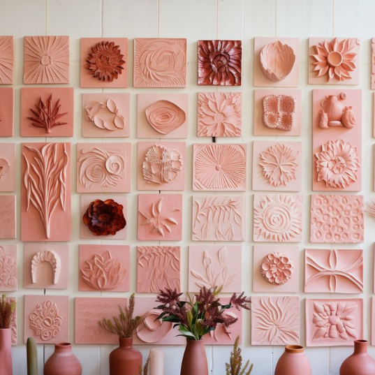 A wall gallery of textured pink clay tiles displaying various air dry clay ideas, featuring botanical leaf impressions, floral carvings, and abstract patterns.