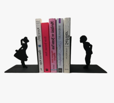 10 DIY Dorm Room Decor Ideas on a Budget That Look Amazing DIY dorm room decor ideas on a budget featuring black metal silhouette bookends shaped like a boy and a girl standing at opposite ends of a small row of books.