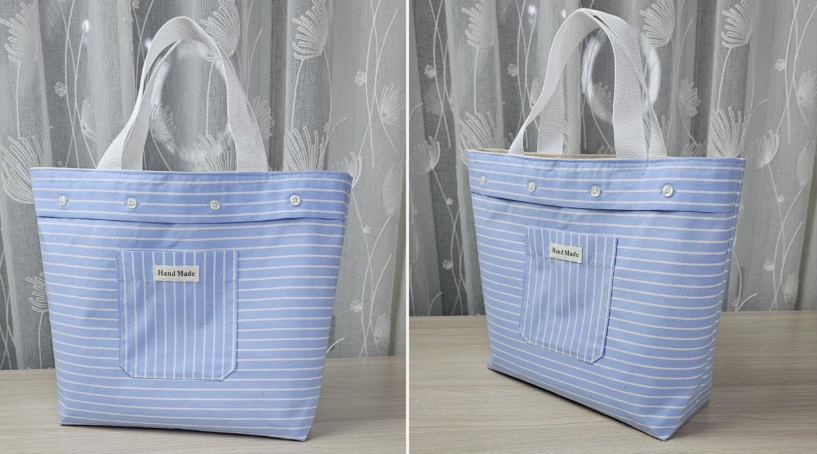 20 No-Sew DIY Crafts for Adults Side-by-side view of a handmade blue-and-white striped tote bag with white handles and a front pocket, showcasing creative no-sew DIY crafts for adults.