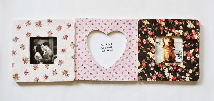 20 No-Sew DIY Crafts for Adults Three handmade floral picture frames lined up together, including square and heart-shaped windows displaying photos and handwritten text, highlighting inspiring no-sew DIY crafts for adults.