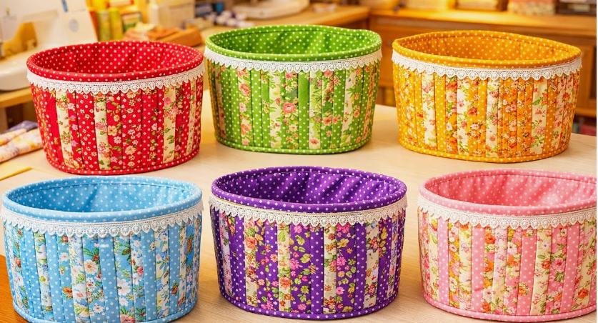 20 No-Sew DIY Crafts for Adults Collection of six colorful, fabric-covered storage baskets in red, green, yellow, blue, purple, and pink with lace trim, showcasing inspiring no-sew DIY crafts for adults.