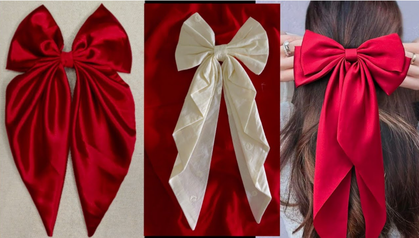 20 No-Sew DIY Crafts for Adults Triptych view of elegant satin hair bows in red and cream, including a large red bow worn in long brown hair, showcasing chic no-sew DIY crafts for adults.