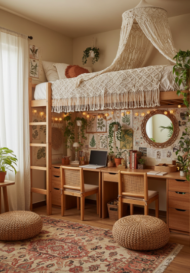 10 DIY Dorm Room Decor Ideas on a Budget That Look Amazing DIY dorm room decor ideas on a budget featuring a wooden loft bed with a macrame canopy and fringe throw blanket, a study desk underneath with two cane-back chairs, a gallery wall with botanical prints, a round woven mirror, and string lights.