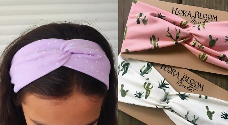 20 No-Sew DIY Crafts for Adults Split view showcasing a light purple polka-dot twist headband worn in hair, alongside pink and white headbands with a cactus print on display cards, highlighting stylish no-sew DIY crafts for adults.Split view showcasing a light purple polka-dot twist headband worn in hair, alongside pink and white headbands with a cactus print on display cards, highlighting stylish no-sew DIY crafts for adults.