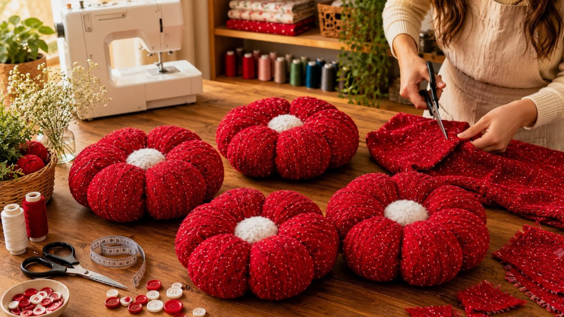 20 No-Sew DIY Crafts for Adults Person cutting red fabric at a craft table surrounded by completed red flower-shaped pillows and sewing supplies, showcasing creative no-sew DIY crafts for adults.