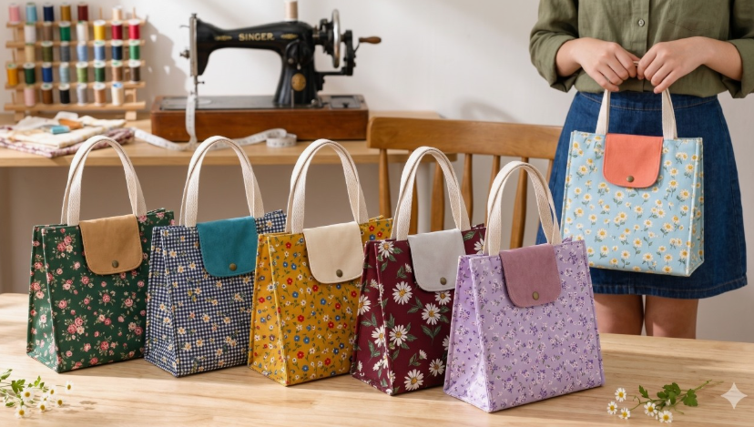 20 No-Sew DIY Crafts for Adults Lineup of charming fabric lunch bags and tote bags in floral prints and gingham with contrast flap closures, alongside a person holding a blue daisy print bag, showcasing creative no-sew DIY crafts for adults.