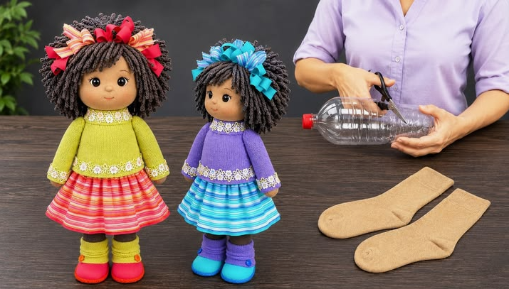 20 No-Sew DIY Crafts for Adults Two handmade dolls with yarn hair and colorful knit dresses displayed alongside a person cutting a plastic bottle and a pair of beige socks, showcasing creative no-sew DIY crafts for adults.
