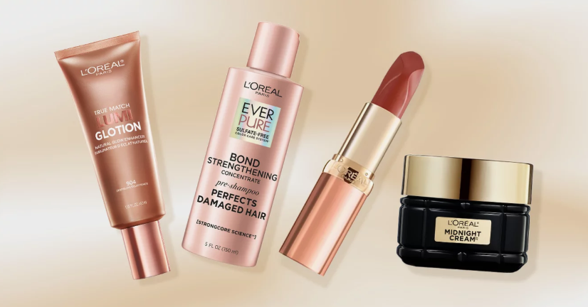 Selection of L'Oréal Paris makeup, hair care, and skincare products including Glotion, EverPure shampoo, lipstick, and Midnight Cream, highlighting best drugstore beauty products under $20.