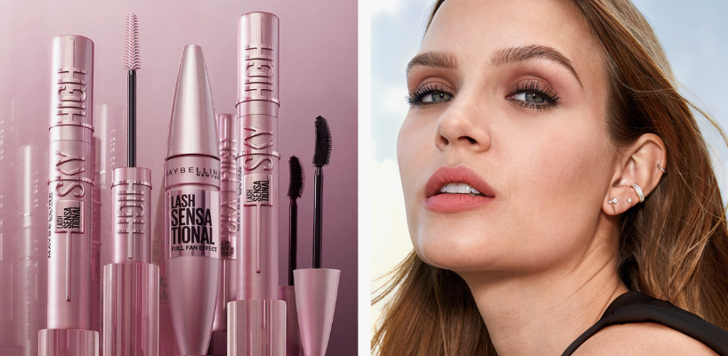 Split view featuring Maybelline Lash Sensational Sky High mascara tubes and wands alongside a close-up of a model wearing defined eye makeup, highlighting best drugstore beauty products under $20.