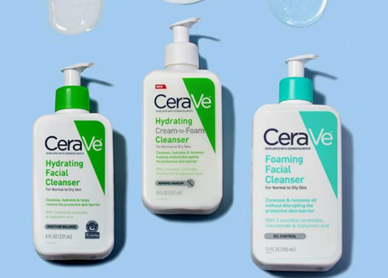 Trio of CeraVe facial cleansers including Hydrating Facial Cleanser, Hydrating Cream-to-Foam Cleanser, and Foaming Facial Cleanser with pump dispensers against a light blue background, highlighting best drugstore beauty products under $20.