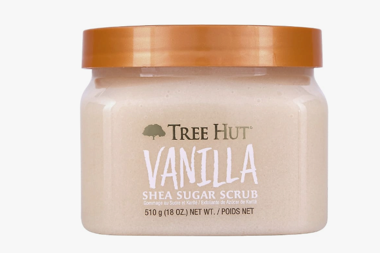 Jar of Tree Hut Vanilla Shea Sugar Scrub with a bronze cap against a clean light background, highlighting best drugstore beauty products under $20.